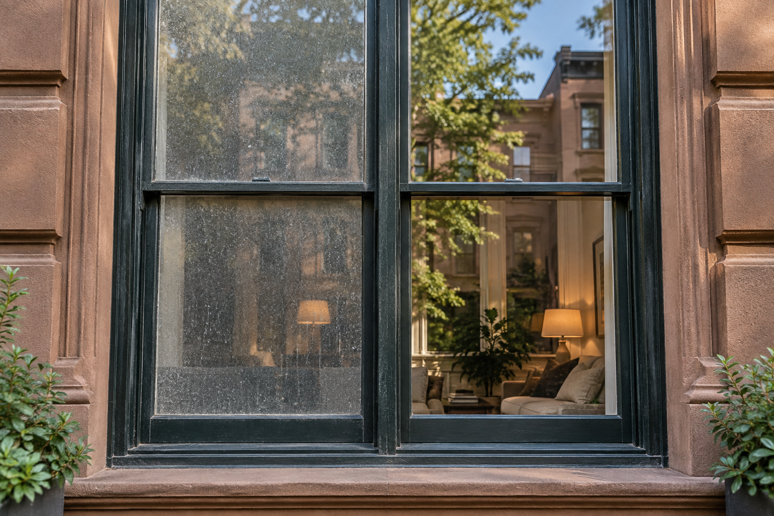The same brownstone window before cleaning on the left and after cleaning on the right