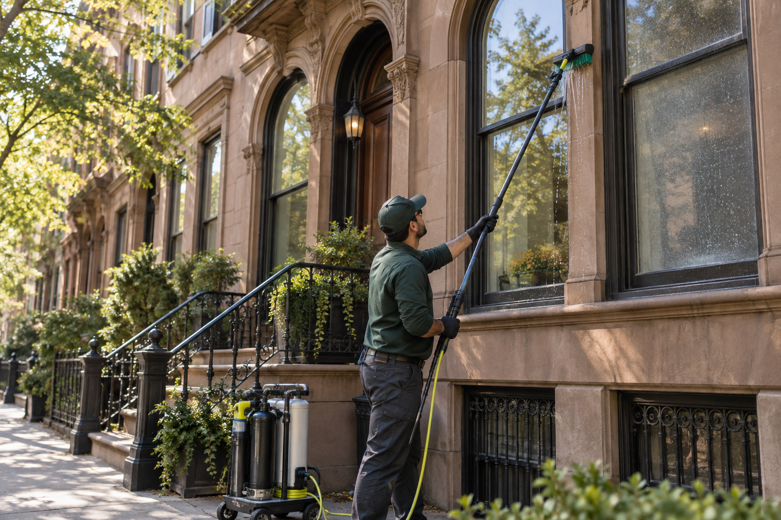 A Riverside technician cleaning the exterior window of an Upper Manhattan brownstone with a water-fed pole